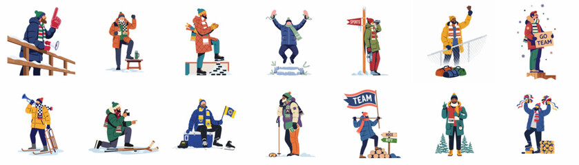 A collection of flat vector characters representing diverse winter sports fans and athletes cheering and participating in outdoor activities in a snowy environment © Loro