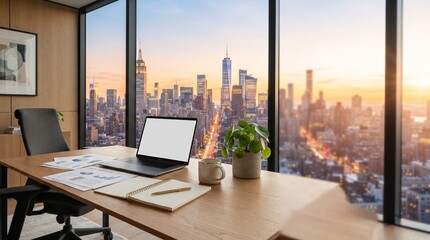 Fototapeta premium Modern Home Office Workspace with Laptop and City Skyline View During Sunset for Remote Professional Work