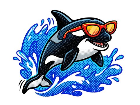 Happy killer whale with sunglasses jumping in water splashes