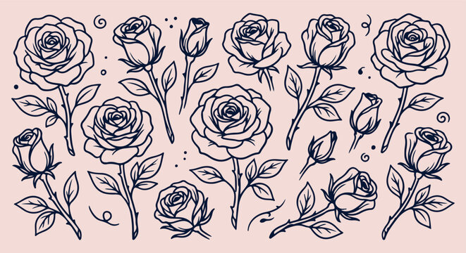 dark rose flower seamless pattern, hand drawn rosebud line art, botanical floral vector illustration, romantic garden doodle background, vintage rose sketch wallpaper, continuous floral bloom print, e