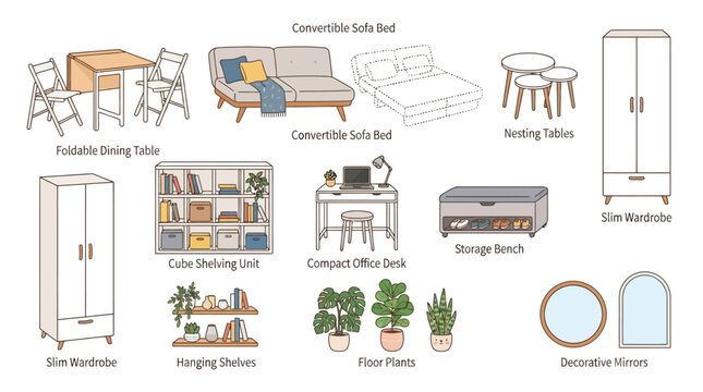 Illustrated collection of space saving studio furniture designs for compact living with minimalist functional furniture multi purpose
