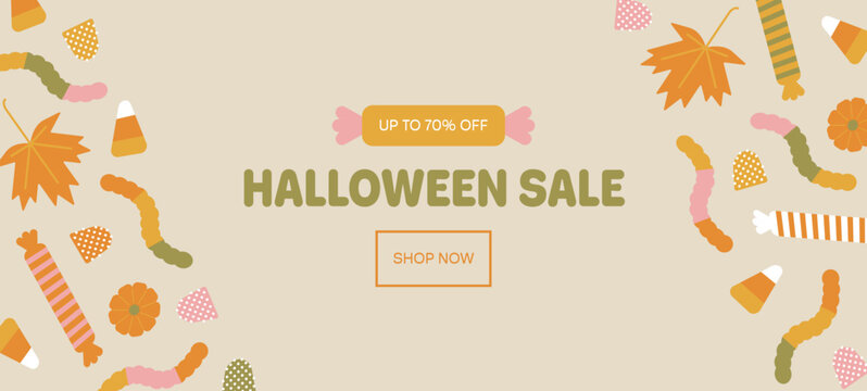 Cute sweets Halloween sale banner. Cute spooky soft colors flyer design with jelly worms, candies and maple leaves. Colorful fun advertisement template for October holiday shopping night.