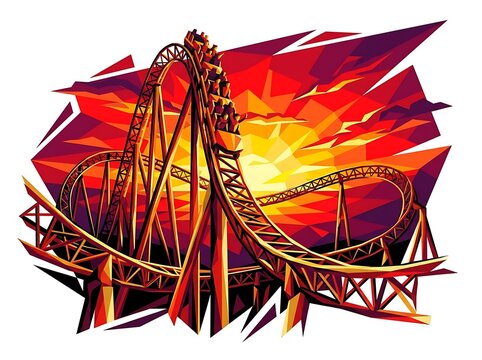 Roller coaster ride with sunset background abstract geometric style