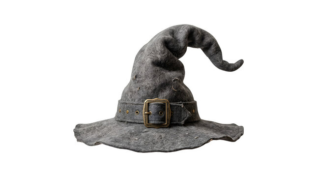 Rustic grey felt witch hat with buckle as PNG cutout
