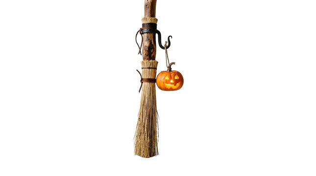 Witch broomstick with hanging glowing jack-o-lantern ornament as cut out PNG