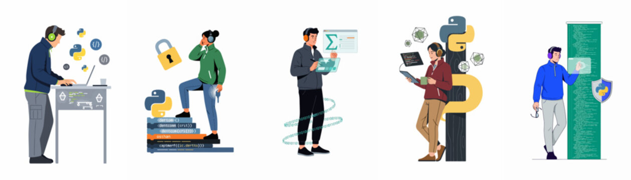 Flat illustration set of diverse professionals working on Python programming, software development, cybersecurity, and data science projects in a modern digital workspace.
