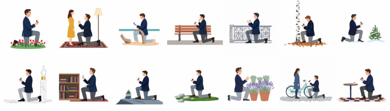 A comprehensive collection of vector illustrations depicting a man proposing marriage with an engagement ring in diverse romantic indoor and outdoor settings.