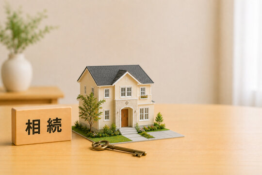 相続のイメージ 木製ブロックと洋風戸建て住宅模型と家の鍵 コピースペースのあるシンプルな背景