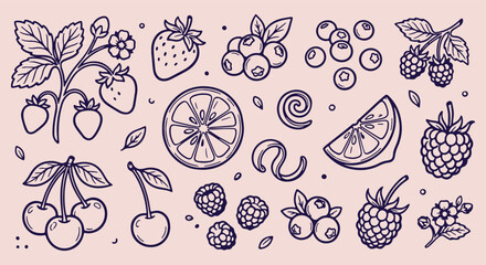 berry fruit harvest pattern, strawberry blueberry background, cherry lemon slice doodle, fresh berry line art, fruit dessert texture, berry collection linear illustration, summer fruit repeating patte © Geetaroy