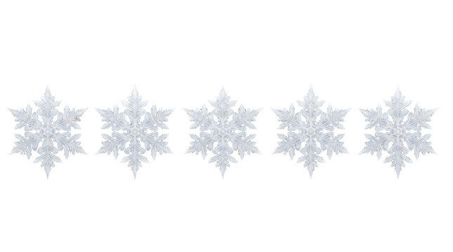 Five detailed crystal snowflake ornaments as transparent cutout