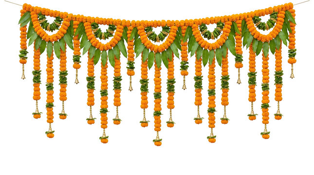 Traditional decorative marigold floral toran garland as transparent PNG