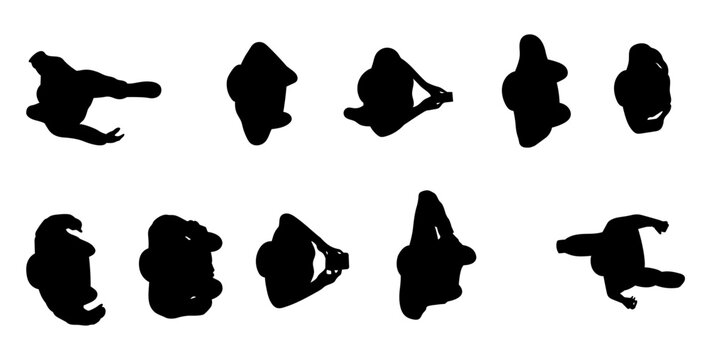 set of people waiting in line top view silhouettes for architectural presentation. black shadow plan vector illustration.