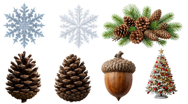 Christmas winter decorations set with pine cones acorns and as PNG element