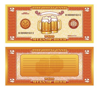 Vector banknote or certificate. 2 mugs of beer. Obverse and reverse. Seals, pint and hops. Light coupon. Beery two. Ticket of bar or pub. Sample of textured flyer. Brew land