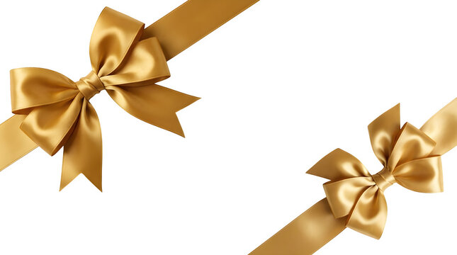 Set of golden satin silk ribbons and bows as PNG asset