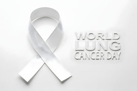 White awareness ribbon symbol for world lung cancer day on white background