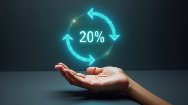 Una mano levanta un holograma de banca digital con flechas en espiral y signos de porcentaje, lo que indica un fuerte crecimiento de las tasas de inter&eacute;s