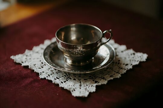 Vintage silver tea cup on delicate white lace doily over dark red fabric