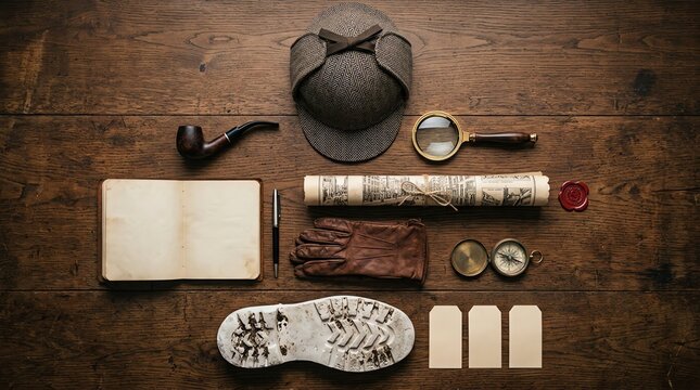 Vintage detective accessories including a deerstalker hat and magnifying glass displayed neatly upon a rustic dark brown wooden table surface