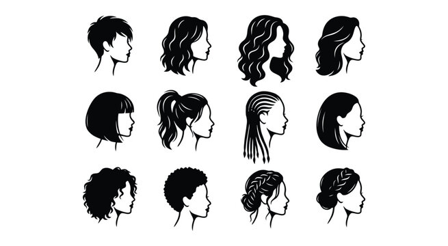 Female profile silhouettes with varied hairstyles black and white vector illustration