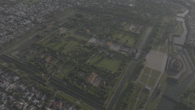 Aerial drone footage of the Imperial City of Hue, Vietnam, featuring Ngo Mon Gate, Thai Hoa Palace, and Kien Trung Palace. A UNESCO World Heritage Site - D log mode