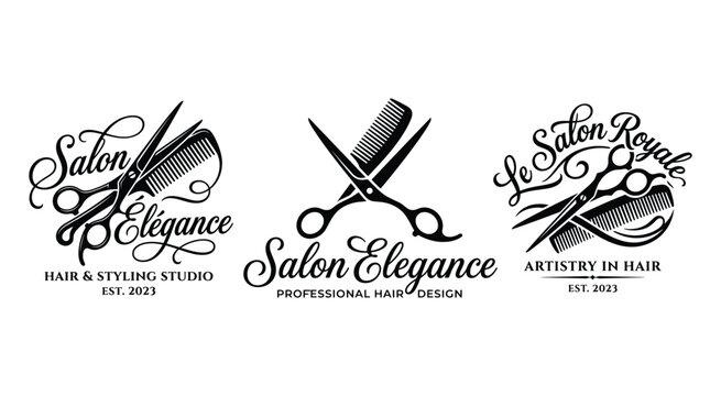 Scissors And Comb Silhouettes With Salon Branding Black On White Background