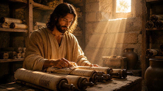 Jesus christ studying and handling ancient parchment scrolls in a dusty, sunlit library or archive, focused expression, historical setting