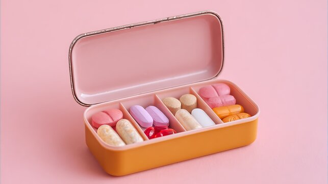 Pill organizer box isolated on pastel background medication management concept pills organizer medicine healthcare