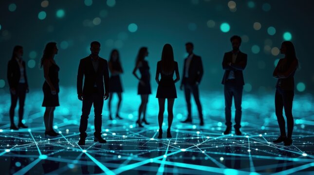 Siluetas de profesionales de pie sobre una red digital