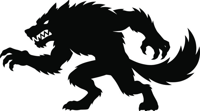 Silhouette of a werewolf, a mythical creature with a wolflike head and human body, aggressive stance with sharp claws and teeth, vector illustration