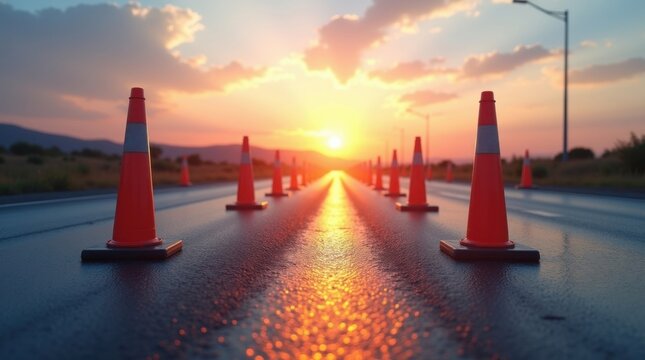 Carretera de asfalto mojado con una hilera de conos de tr&aacute;fico naranjas alineados
