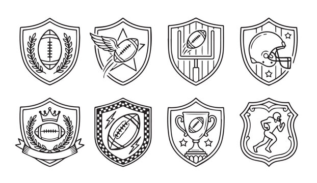 American football emblems and icons in shield shapes with laurel wreaths trophies and helmets during a game