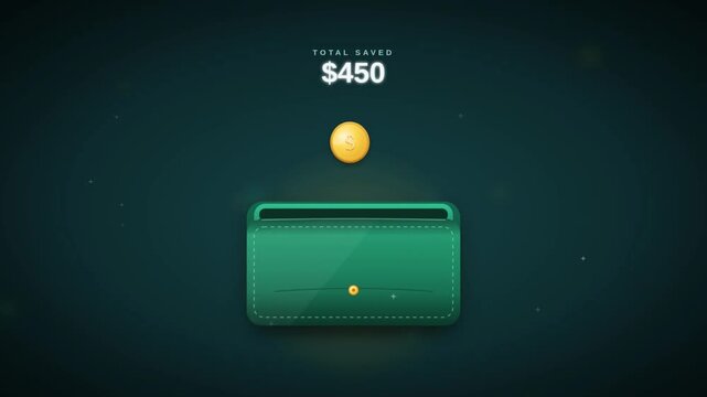 Wallet collecting gold coins with growing total saved amount for money savings growth