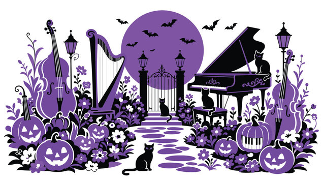 Halloween musical scene with pumpkins, cats, and musical instruments under a purple moon