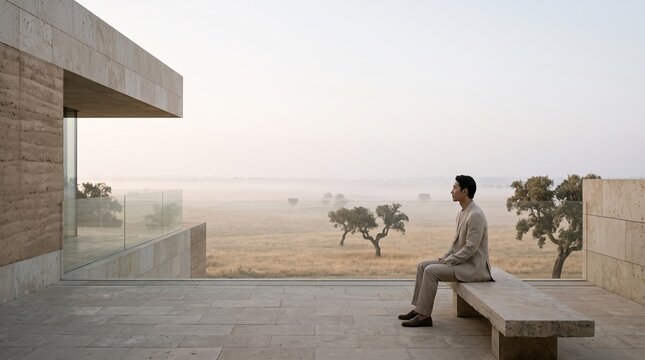Man Contemplating Vast Landscape from Modern Concrete Viewpoint