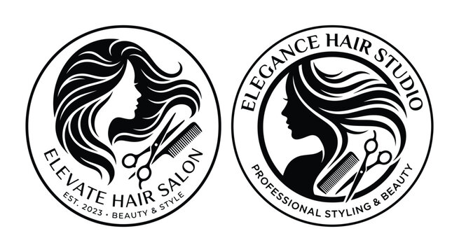 Hair Salon Logo Design With Scissors And Wavy Hair Black And White
