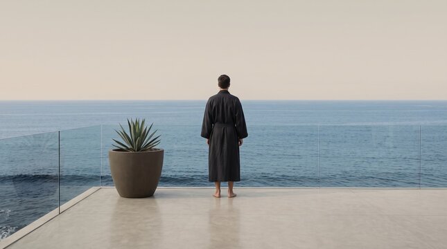 Person Standing on Balcony Overlooking Ocean at Sunrise