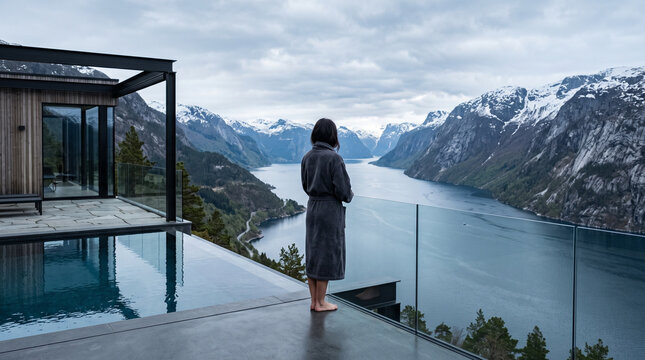 Woman Contemplating Alpine Lake from Modern Infinity Pool