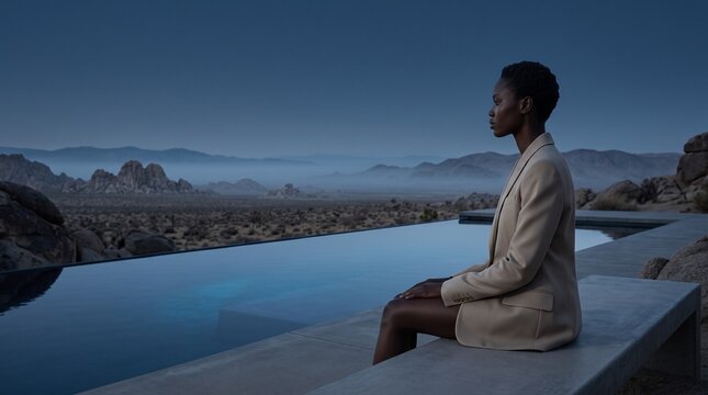 Woman Contemplating Desert Landscape by Infinity Pool