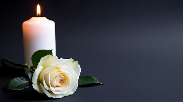 Memorial condolence background with white rose and burning candle symbolizing remembrance and sympathy
