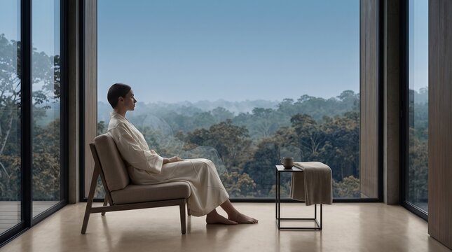 Woman Contemplating Mountain Landscape from Modern Window