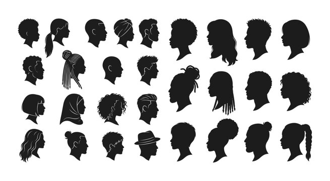 Variety Of Human Head Silhouettes Black On White Background silhouette