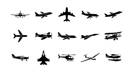 Fototapeta premium Diverse Aircraft Silhouettes Collection: Jets, Propellers, Helicopters, Gliders, Seaplanes