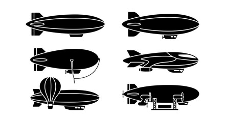Airship Icons Set, Blimp Vector Graphics, Zeppelin Collection, Hot Air Balloon Silhouettes © Sagor