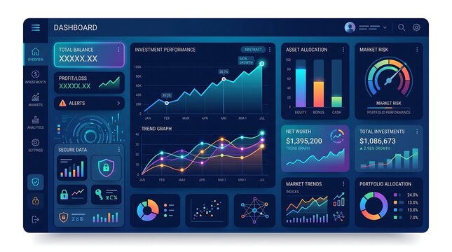 Futuristic AI business intelligence dashboard with neon data visualization charts and financial analytics graph interface