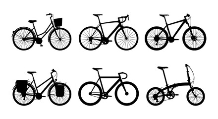Obraz premium Diverse Bicycle Silhouettes Collection, Urban Commuter, Road Bike, Folding Bike, Vector Icons