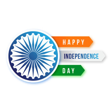 Happy Independence Day India Banner with Ashoka Chakra Wheel and Tricolor Arrow Labels Isolated on White Background, Modern Flat Design