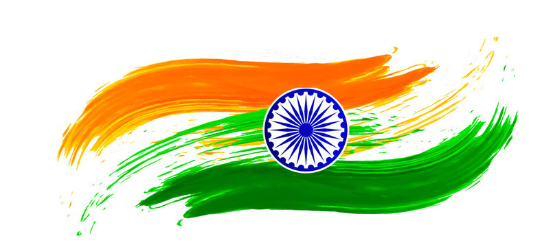 Indian Flag Paint Brush Stroke with Ashoka Chakra Isolated on White Background, Tricolor Saffron White Green Watercolor Splash for Independence Day