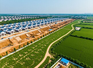 Fototapeta premium Aerial view of residential construction site with many new houses, raw earthworks. Heavy machines work on terrain near green fields, pathway. Modern suburban housing project expands in empty land