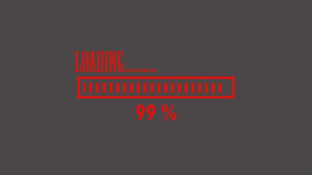 Retro-style pixelated red video game loading screen. Gray background. Retro arcade-style progress bar interface. 4K resolution.